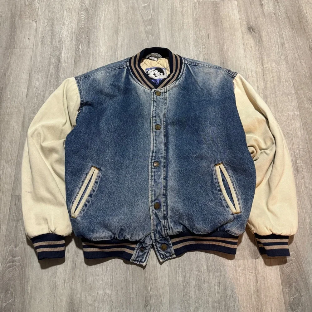 Vintage 90's Denim Varsity Jacket Mens Medium Blue Acid Wash Bomber 90s rapper